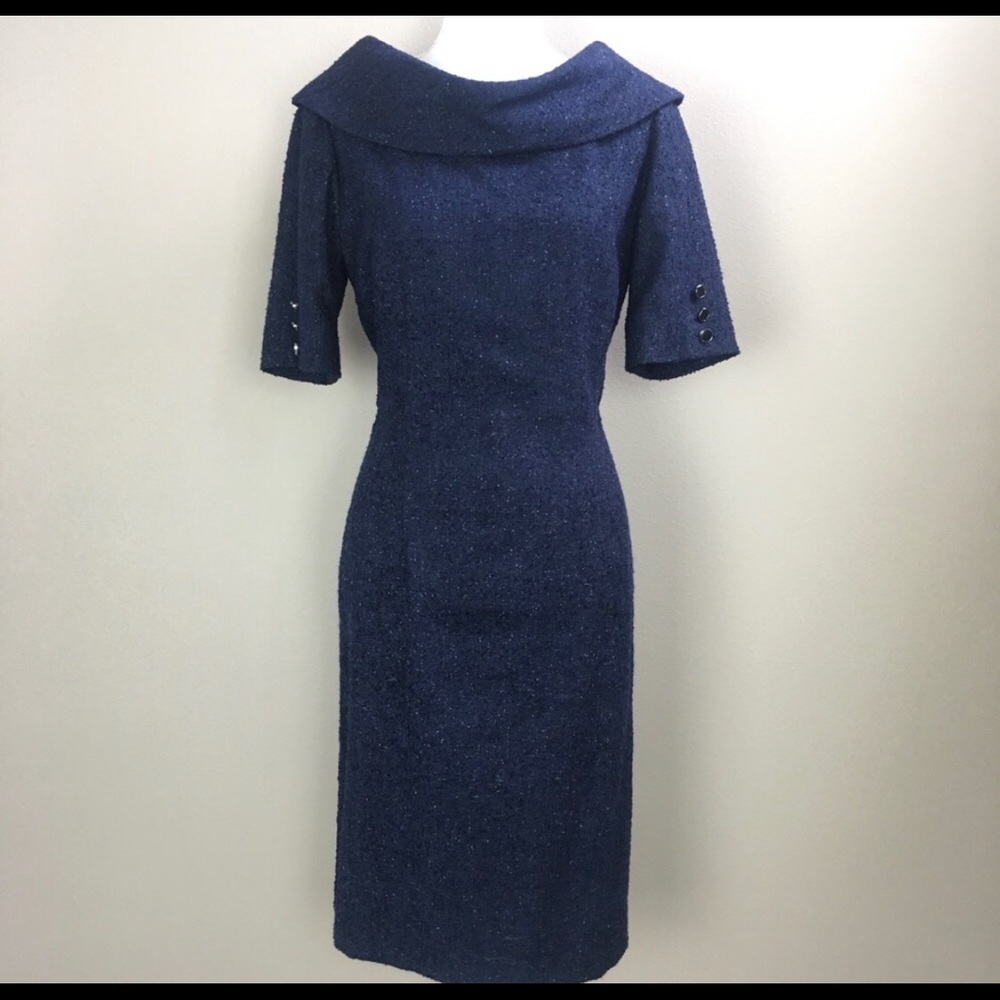 Navy light tweed cowl neck dress